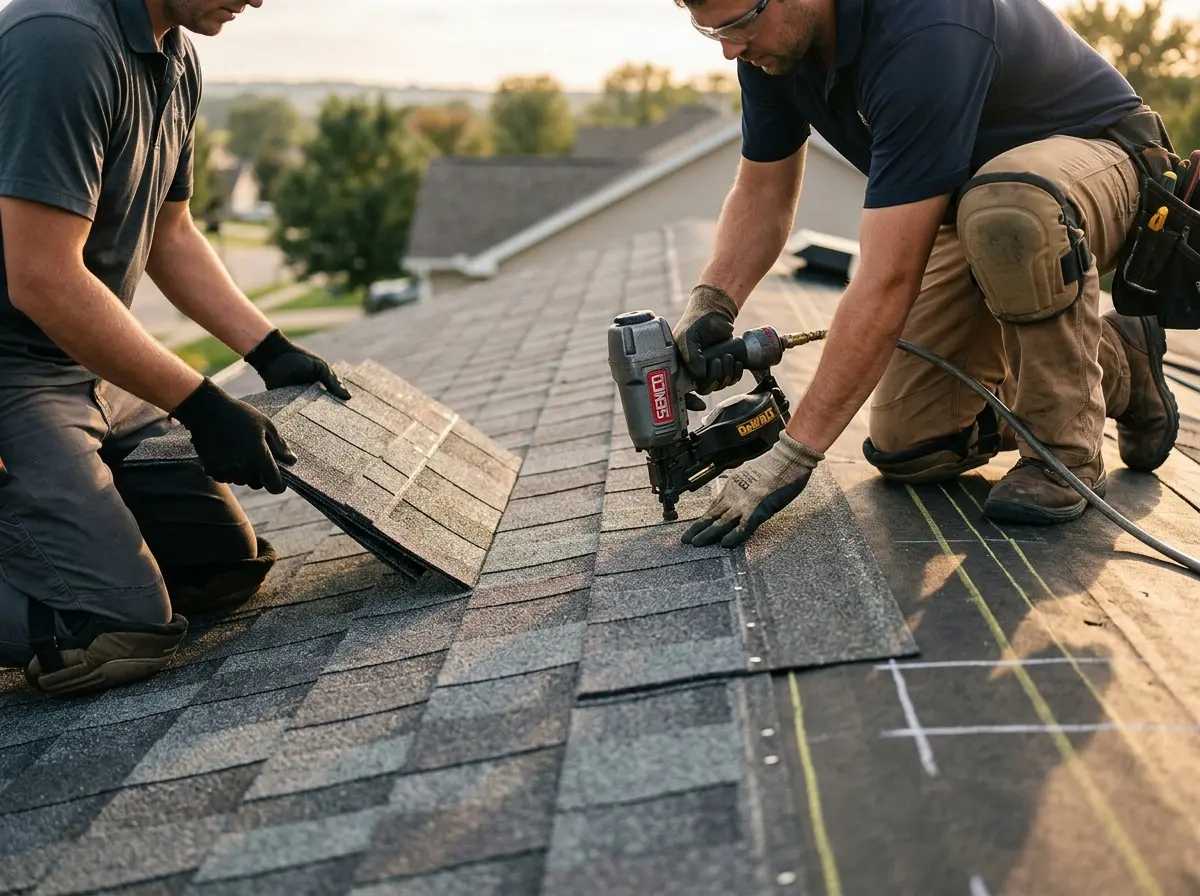 Professional roofer working on a residential roof in Petal